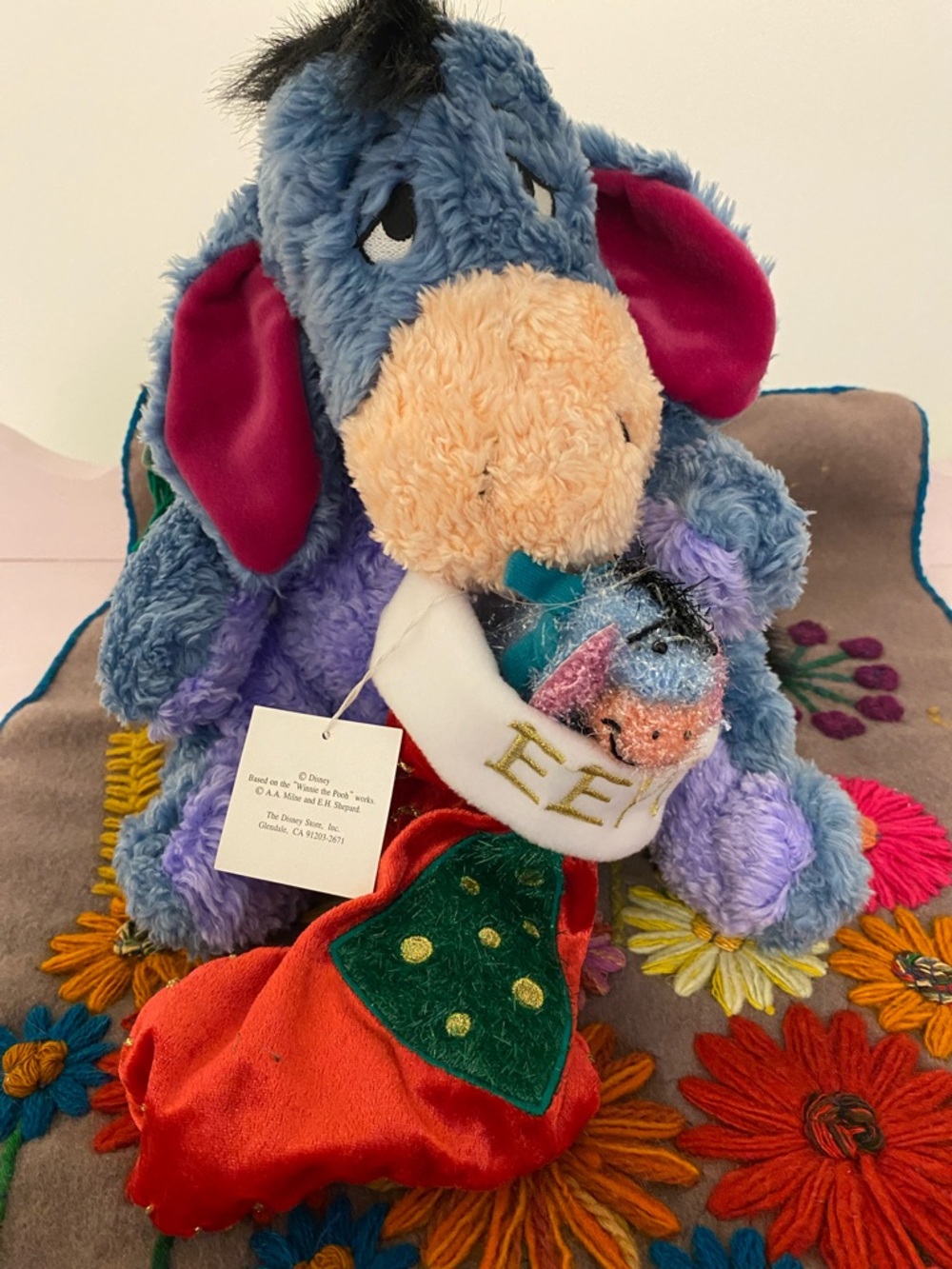 Disney Eeyore Plush with Red & Purple Holiday Stocking